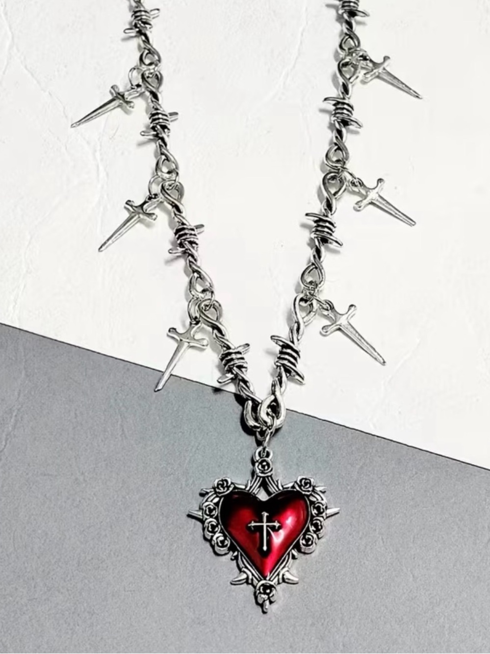 {NEW} Silver Barbed Chain Necklace with Red Heart Cross Pendant